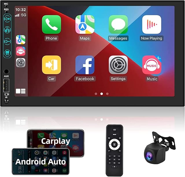Double Din Car Stereo, 7'' Touch Screen Car Radio with Apple Carplay Android Auto Bluetooth Mirror Link FM Car MP5 Player USB SWC AUX Rear View Camera + External Microphone