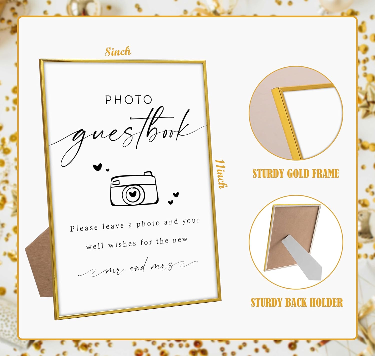 Wedding Photo Guest Book Sign, 8"X 11" Gold Frame Wood Wedding Sign with Stand, Bridal Shower Guest Book Alternative, Engagement Party Decorations, Favors for Ceremony and Reception-5 - Image 2