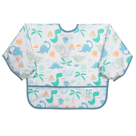 Bumkins Sleeved Bib for Girl or Boy, Baby and Toddler for 6-24 Mos, Essential Must Have for Eating, Feeding, Baby Led Weaning Supplies, Long Sleeve Mess Saving Food Catcher, Fabric, Dinosaur Gray