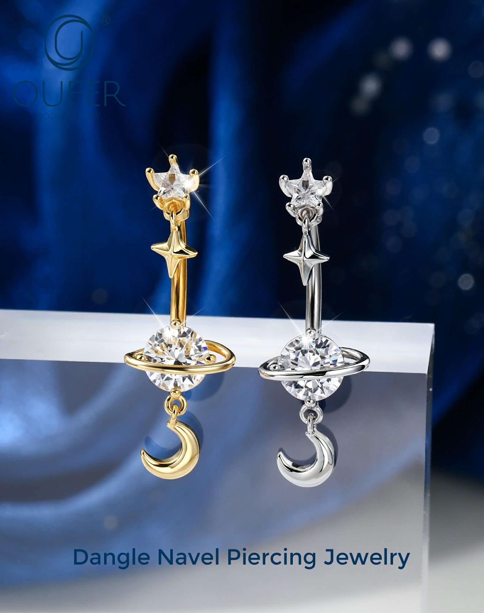 OUFER Body Piercing de Corps Barres de Ventre : 1 Pièce Barre Banane Anneau Navel en Acier Inoxydable 316L Anneau de Bouton d'Escargot avec Dangle Étoile Lune Bijou de Piercing de Navel - 3