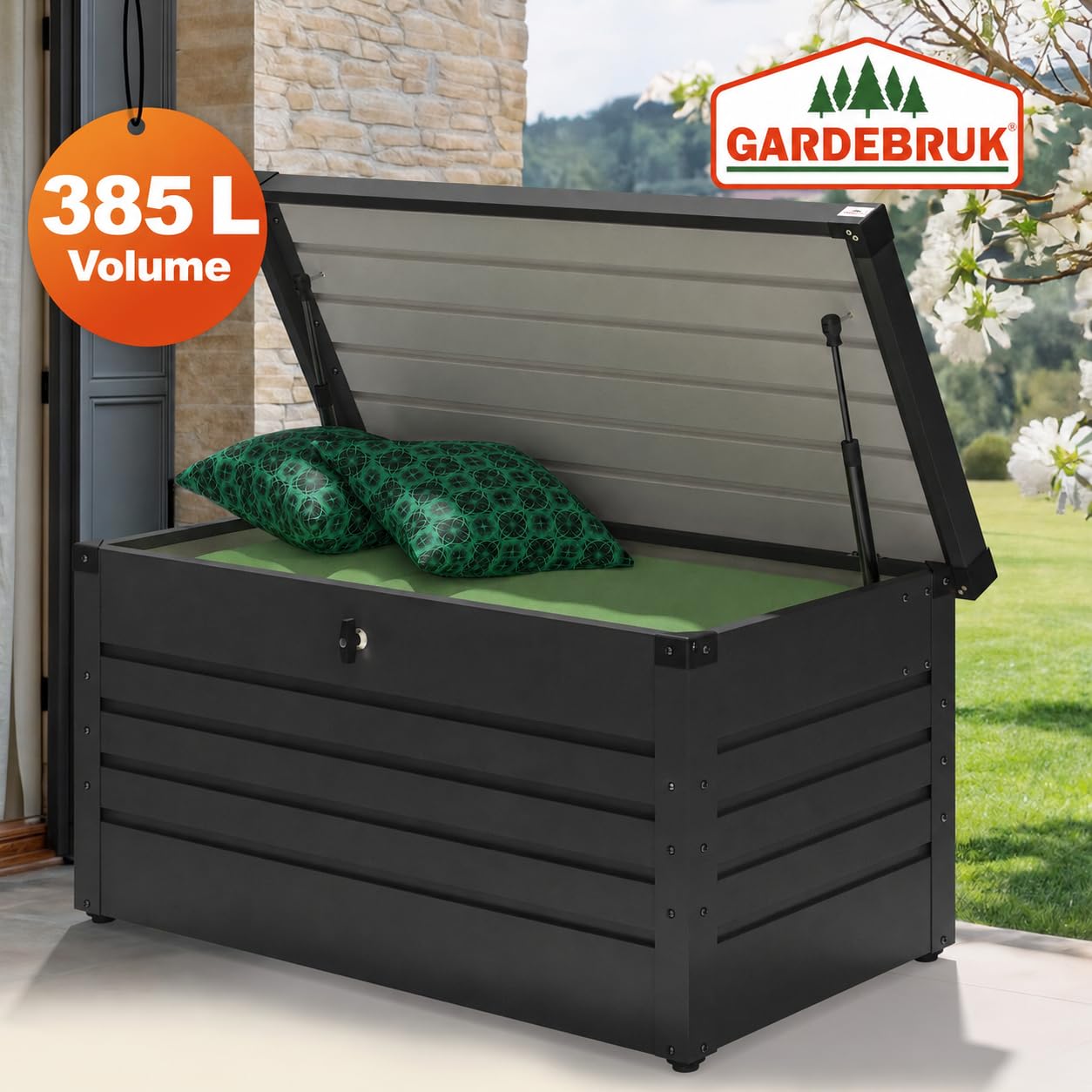 Gardebruk Coffre de rangement en Métal 385L Anthracite avec Vérin à gaz | Verrouillable par Cadenas à clés Inclus, 120x62 cm, Coffre de Jardin Extérieur, Rangement coussins et outils, Jusqu'à 100kg