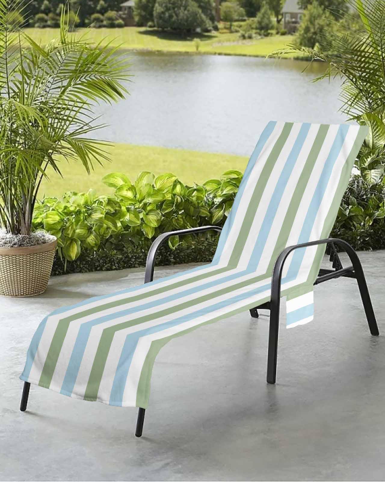 Beach Pool Patio Lounge Chaise Chair Cover Towel with Pockets,Sage Green Blue Absorbent & Quick Dry Microfiber Towel Cover Bag Summer Travel Accessories Modern Striped Watercolor Minimalist White