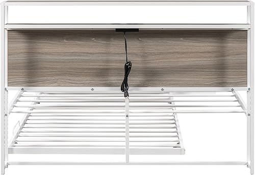 Miniatura 7 de Polibi Cama de plataforma de tamaño matrimonial con nido, marco de cama de metal y madera con cabecero, estribo, puertos de carga USB, caja de