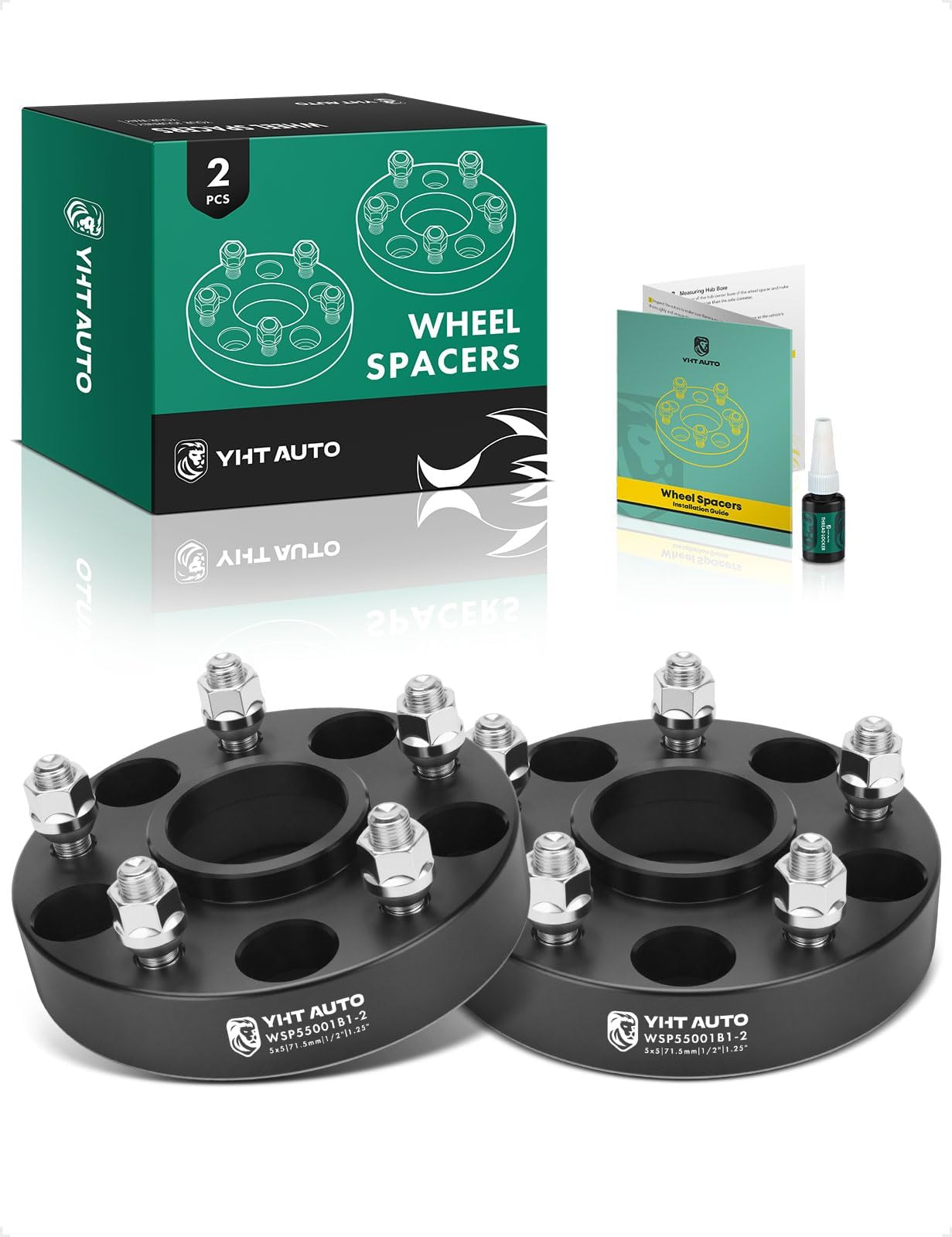 YHTAUTO 5x5 Hub Centric Wheel Spacers 1.25 Inch Fit XK WJ WK JK JL Jeep Grand Cherokee 1999-2010, Wrangler 2007-2018, Commander 5x127mm Tire Spacers w/ 1/2"-20 & 12.9 Studs, 71.5mm Hub Bore 5 Lug 2PCS