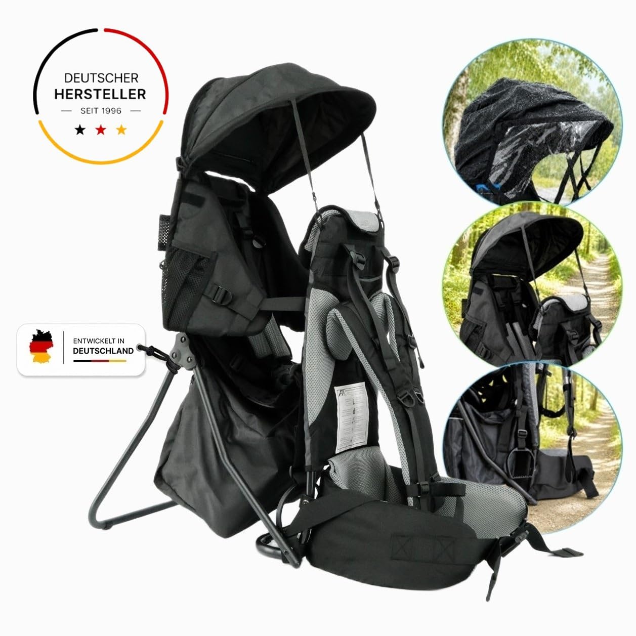Lil' Boss Kinder Rückentrage Wandern, FASports Kindertrage 20kg bis 25kg, ergonomische Kindertrage Rucksack mit Regen- und Sonnendach, Kinderkraxe Kleinkind Schwarz-Grau, 50 x 38 x 90 cm