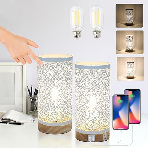 Miniatura 6 de Juego de 2 lámparas de mesa con control táctil, lámparas de mesita de noche regulables con puerto USB y salidas de CA, lámparas industriales de