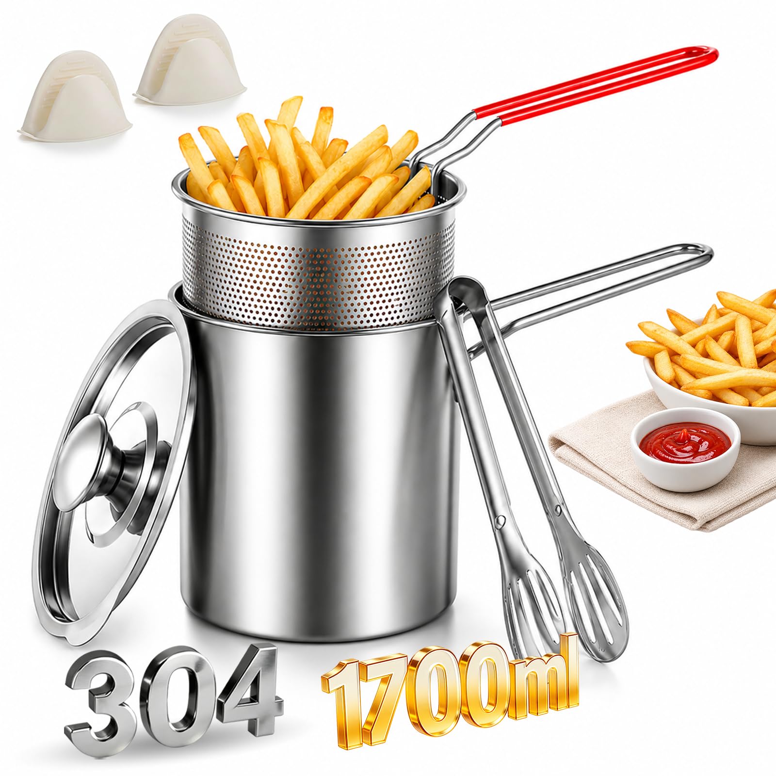 304 Stainless Steel Multifunctional Fryer with Basket for Chips (2 set,1.7L)