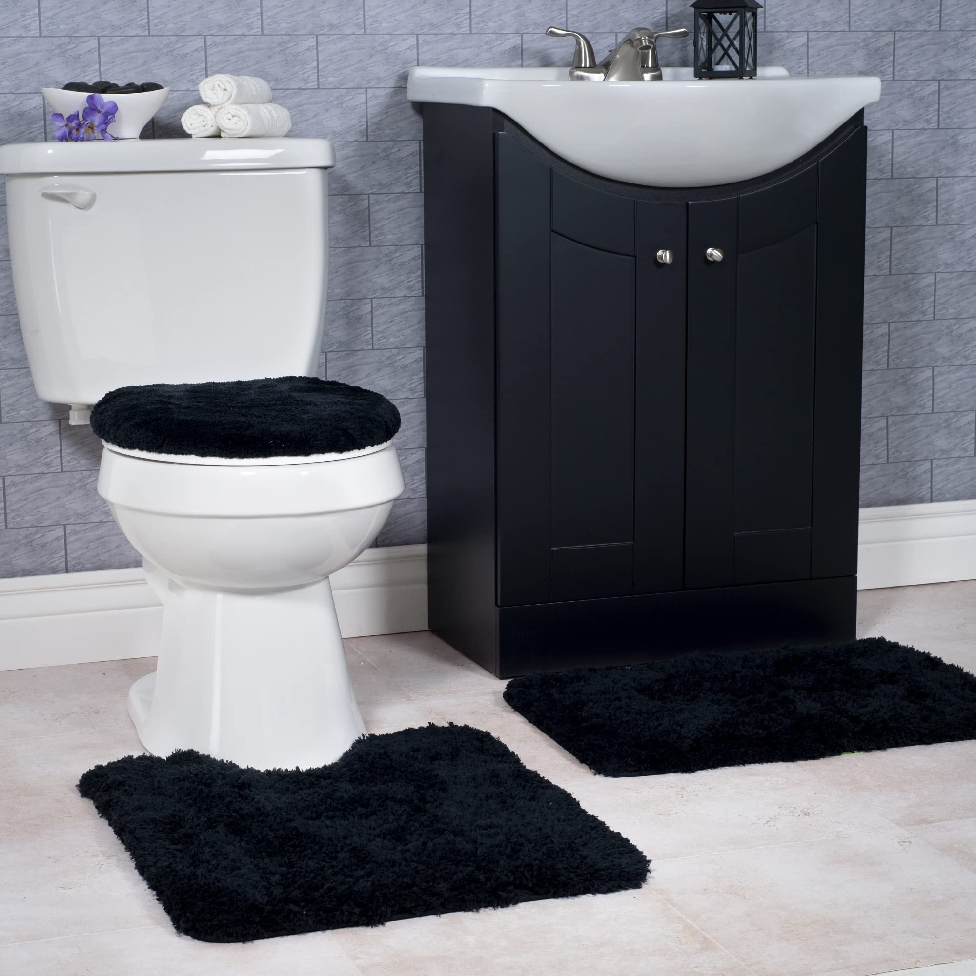 3-Piece Bathroom Rug Set Non-Slip Bath Mat Set with Bath Rug Contour Mat and Toilet Lid Cover Machine
