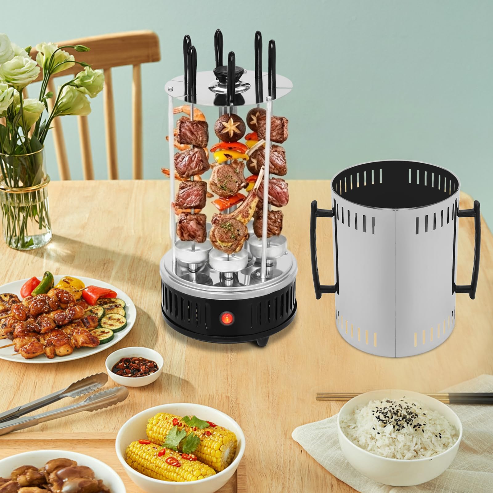 Barbecue elettrico verticale da 1000 W con 6 spiedini, barbecue da tavolo senza fumo, in acciaio inox, per balcone e giardino, barbecue per spiedini e grill girevole per la casa (20 x 37,5 cm)