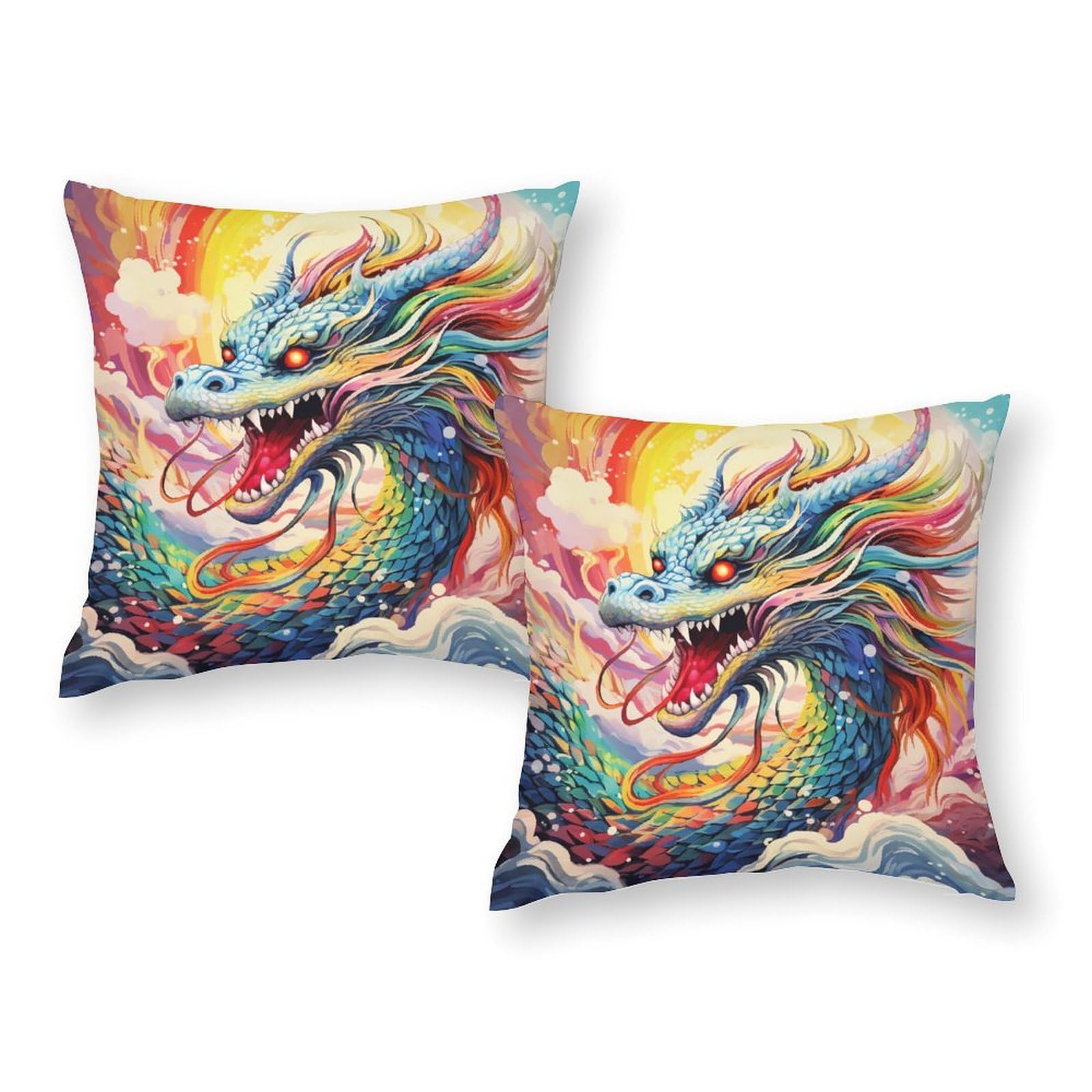Taie d'oreiller motif dragon coloré 50 x 50 cm avec fermeture éclair invisible