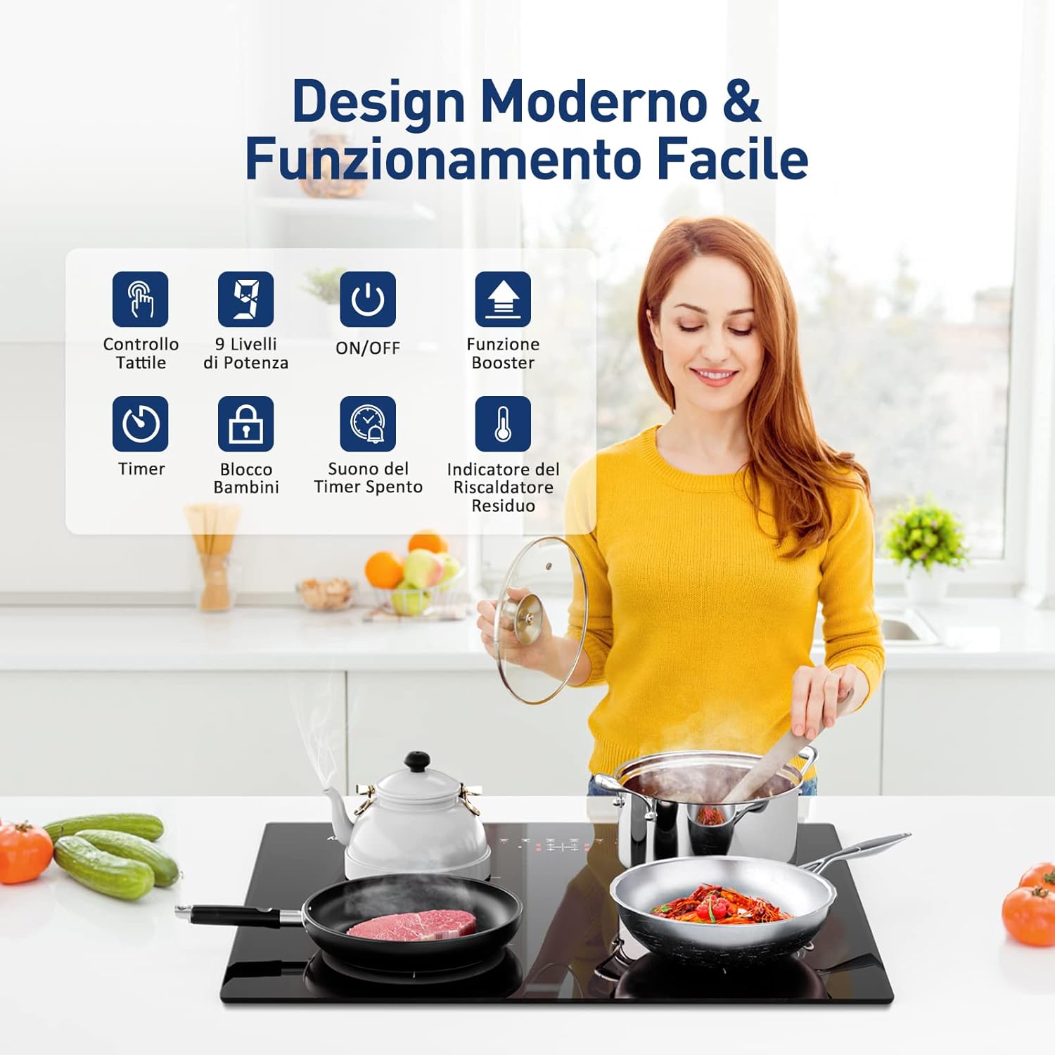 IsEasy Piastra a Induzione 4 Fuochi, 6800W, 60cm Cappa Aspirante inclinata 60cm, 523 m3/h (60cm Cappa, Nero Piastra a Induzione) [Classe di efficienza energetica A++]