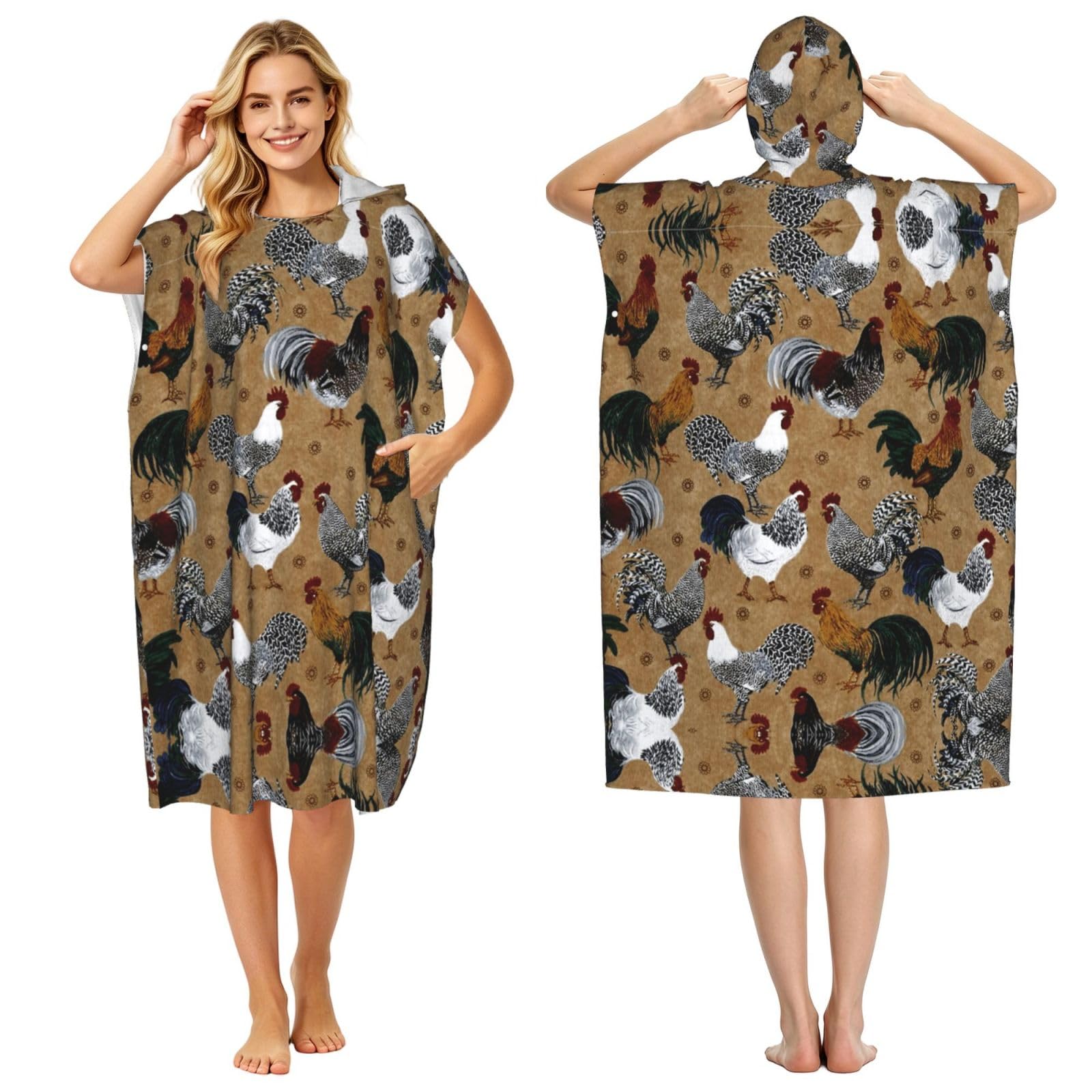 Poncho à capuche imprimé coq et poulet en microfibre pour le bain et le surf