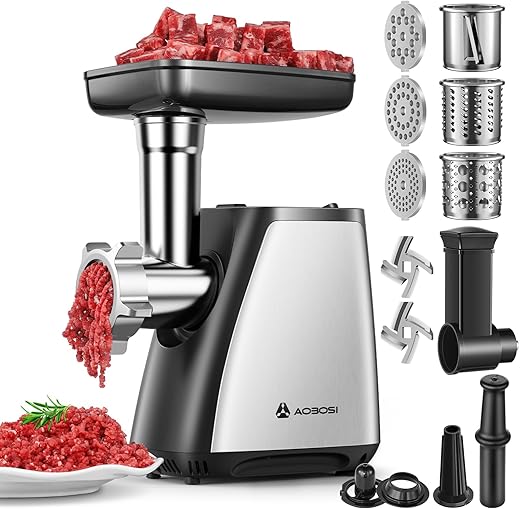 AAOBOSI Electric Meat Grinder, 4-in-1 Meat Mincer Machine [2800W Max] with 3 Slice, Shred Blades, 2 Blades, 3 Plates, Sausage Stuffer, Kubbe Kit, for Home Kitchen Use, Sliver