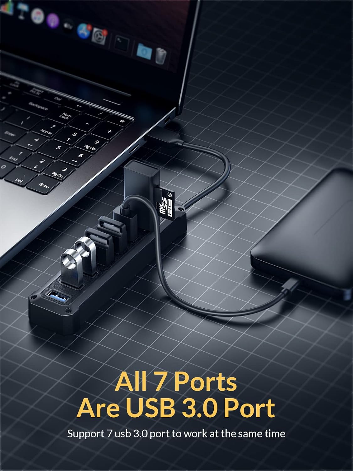 USB Hub, 7 Port USB Hub 3.0 with 7 USB 3.0 Data Multiports, USB 3.0 Hub with USB 3.0 Cable, USB Splitter USB Expander/Extender for Laptop, PC, DELL, HP, Lenovo, Mac, Acer