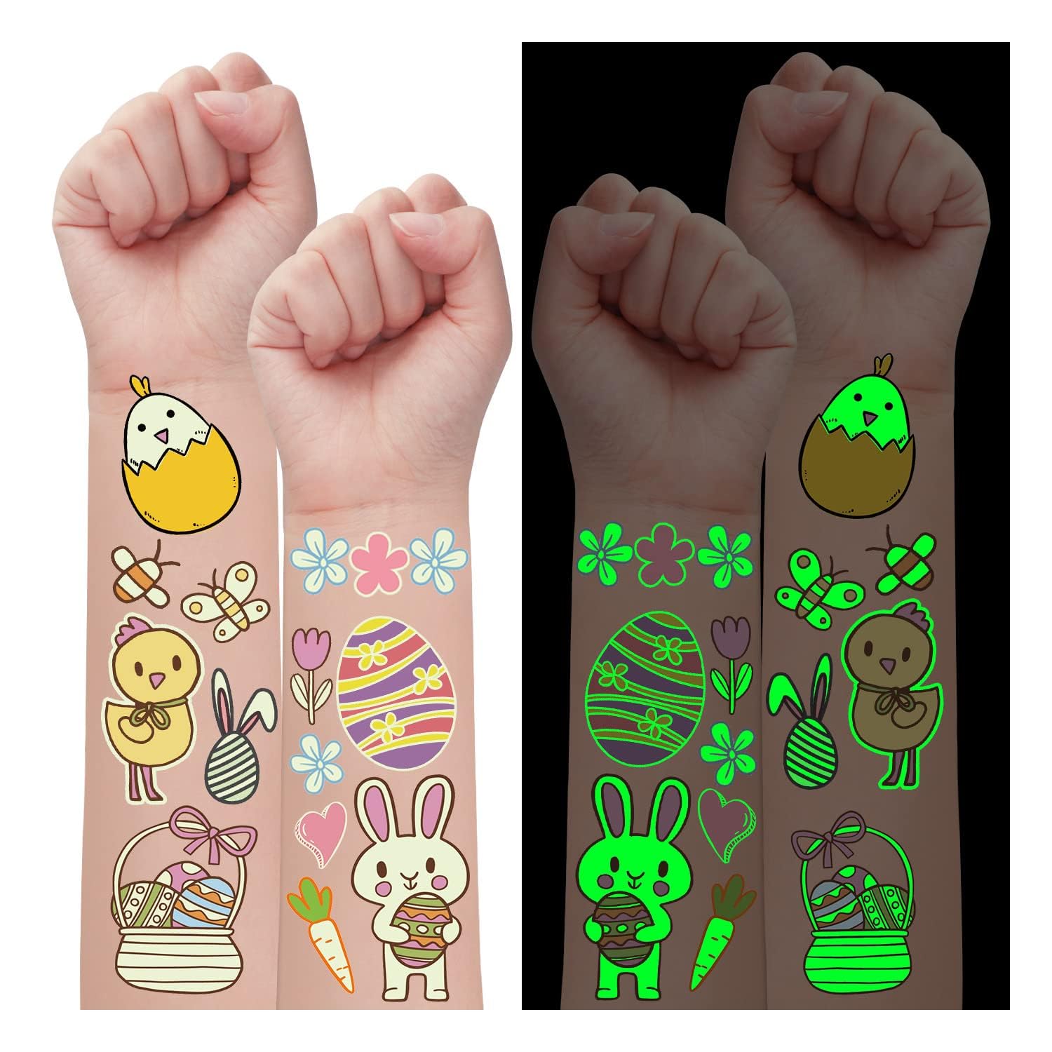 Partywind Glow Easter Temporary Tattoos for Kids Party Decorations, 40 Styles Luminous Easter Bunny Eggs Party Supplies Favors, Easter Gifts Tattoos Stickers (2 Sheets)