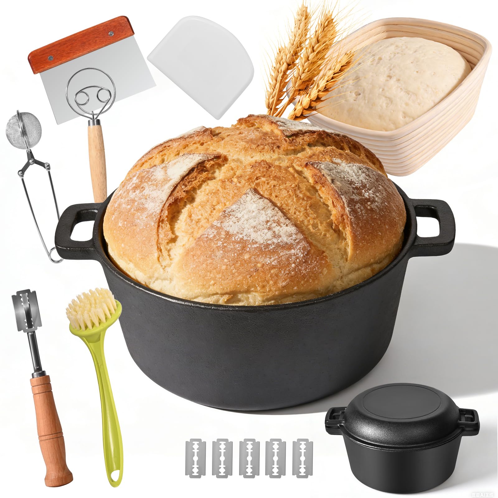 Gusseisentopf mit Gärkorb 26cm, 4.7L Brotbackset für Anfänger mit Sauerteigbackform & Zubehör, Gusseisen Topf Brot Backen mit Deckel, Dutch Oven für Brot, Schwartz