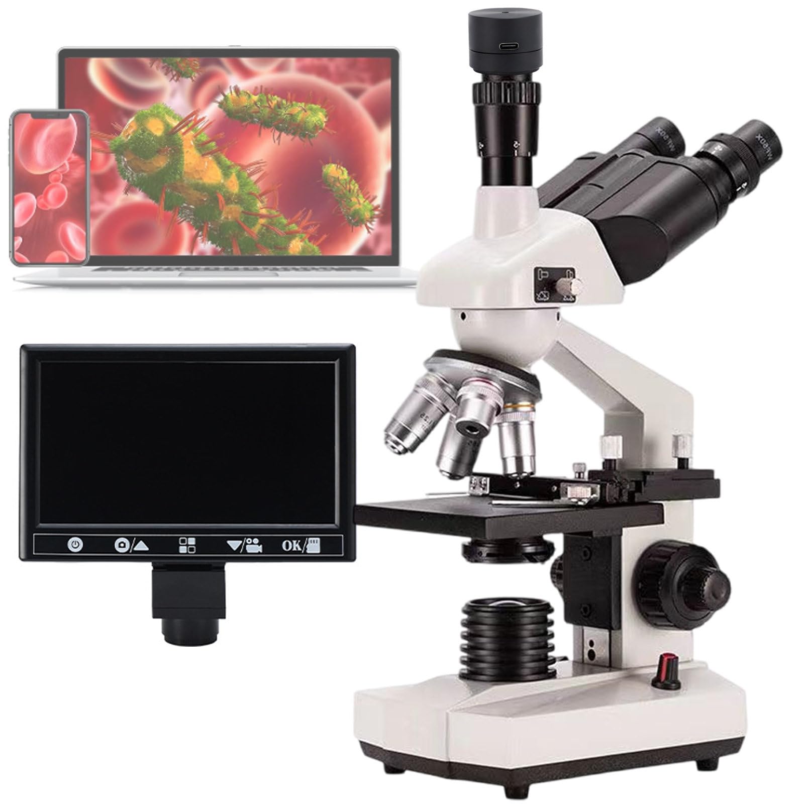 Laboratoryjny Mikroskop Trinokularny ZłOżOny, PowięKszenie Od 40X Do 5000X, Mikroskop Edukacyjny Biologiczny Led, Do Badań Laboratoryjnych, Edukacji StudentóW,5000X+A+B