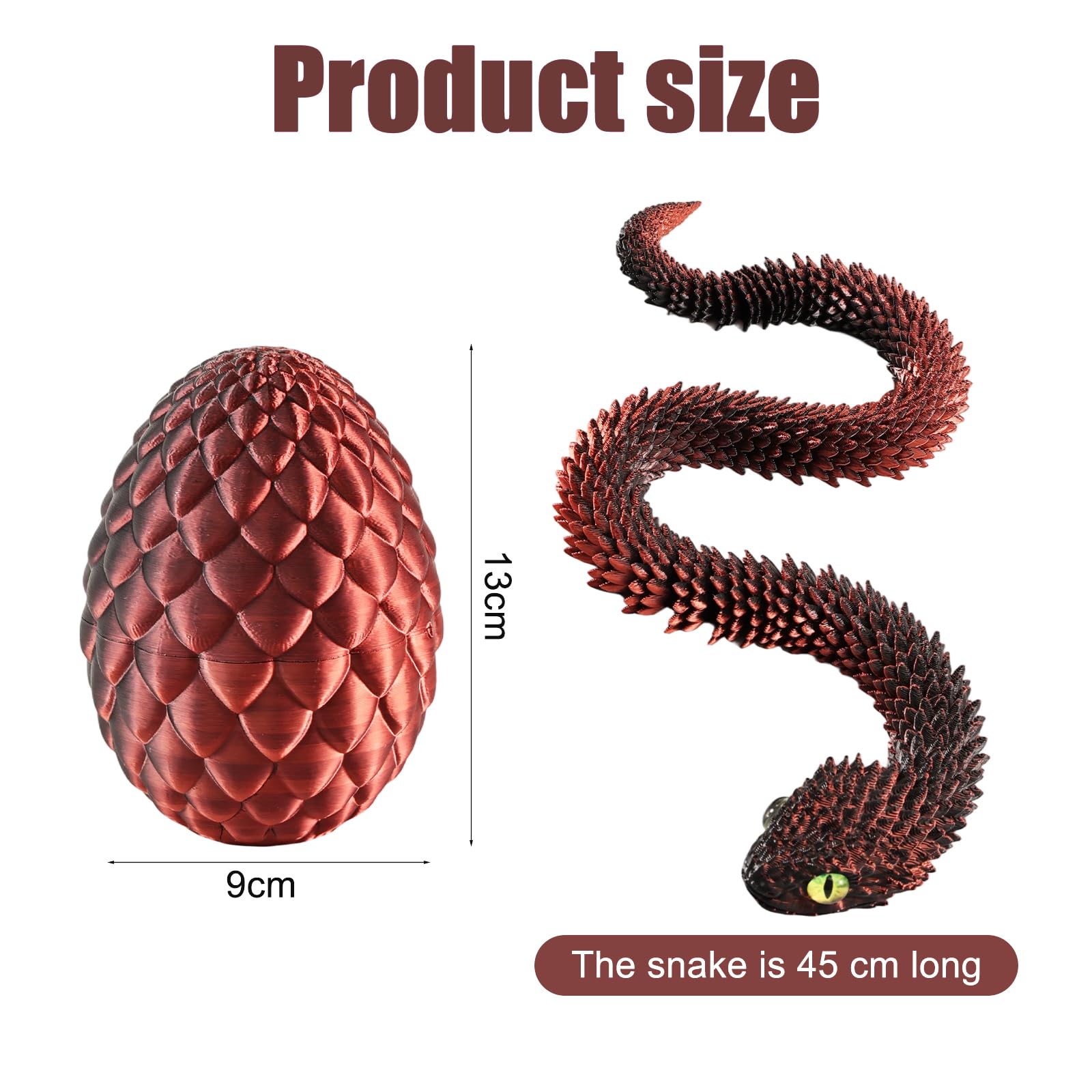 Joycabin Wąż z nadrukiem 3D, 45 cm, z jajkiem, zabawka z nadrukiem D, na Wielkanoc, nadruk 3D, jajko smocze, wężyk, dla dzieci, na prezent, na biurko, do mieszkania (czarno-czerwony)