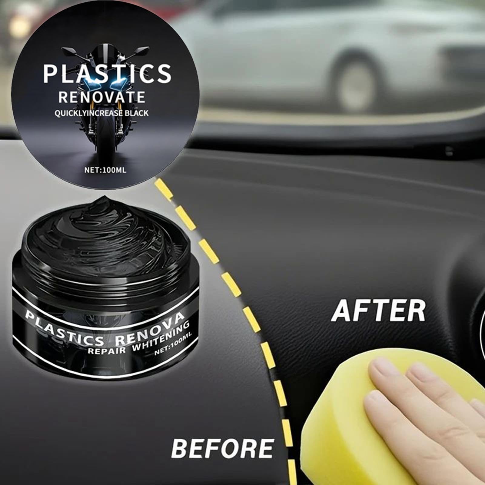 Pasta Restauratrice Per Plastiche Nere Auto E Moto, 100ml Anti-UV Rinnova Plastiche Auto Nero, 3Pezzi Anti-Graffio Asciugatura Rapida Trattamento Cruscotto, Rinnova PlasticheAuto Per Paraurti