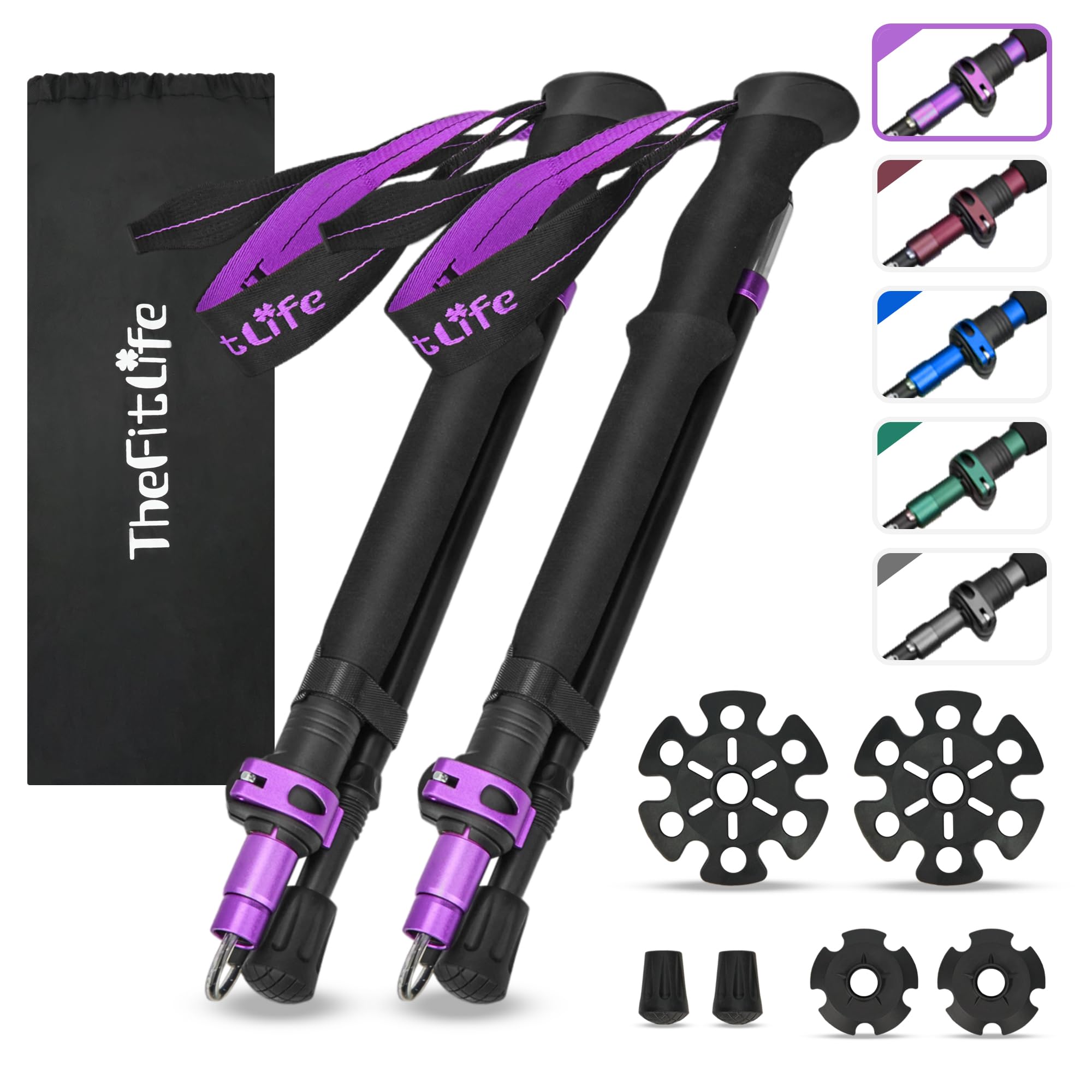TheFitLife Collapsible Trekking Poles for Hiking – Lightweight Folding Walking Sticks for Men and Women with Extra-Long Foam Handle and Metal Flip Lock (Purle, 100-120cm for 4'11''-5'7'' Height)