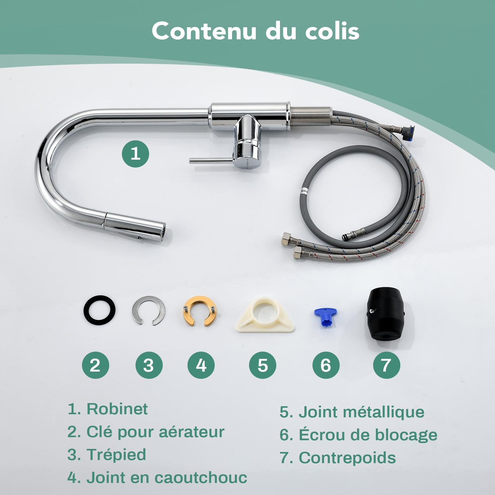 Mitigeur Cuisine Avec Douchette Extractible, Robinet D'évier Pivotant 360°, Acier Inoxydable Chrome