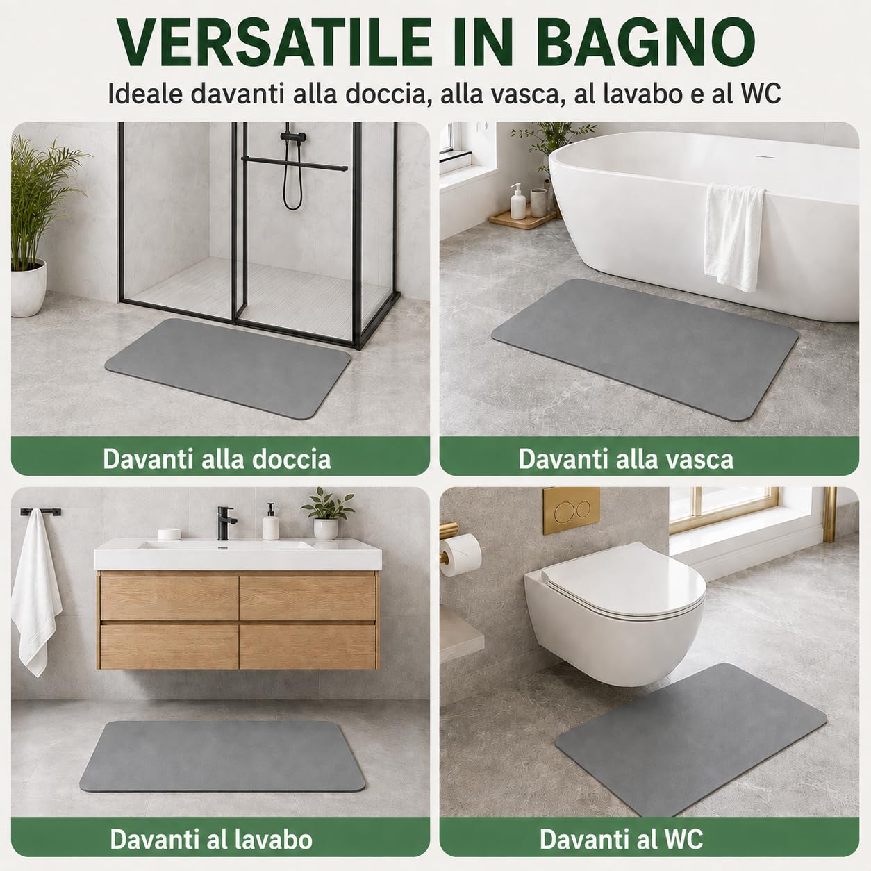 Set 2 Tappeto Bagno e Doccia Assorbente 40x60+60x120cm | Alta Assorbenza, Superficie Antiscivolo, Uso Bagno e Doccia, Materiale Diatomite, Design Compatto