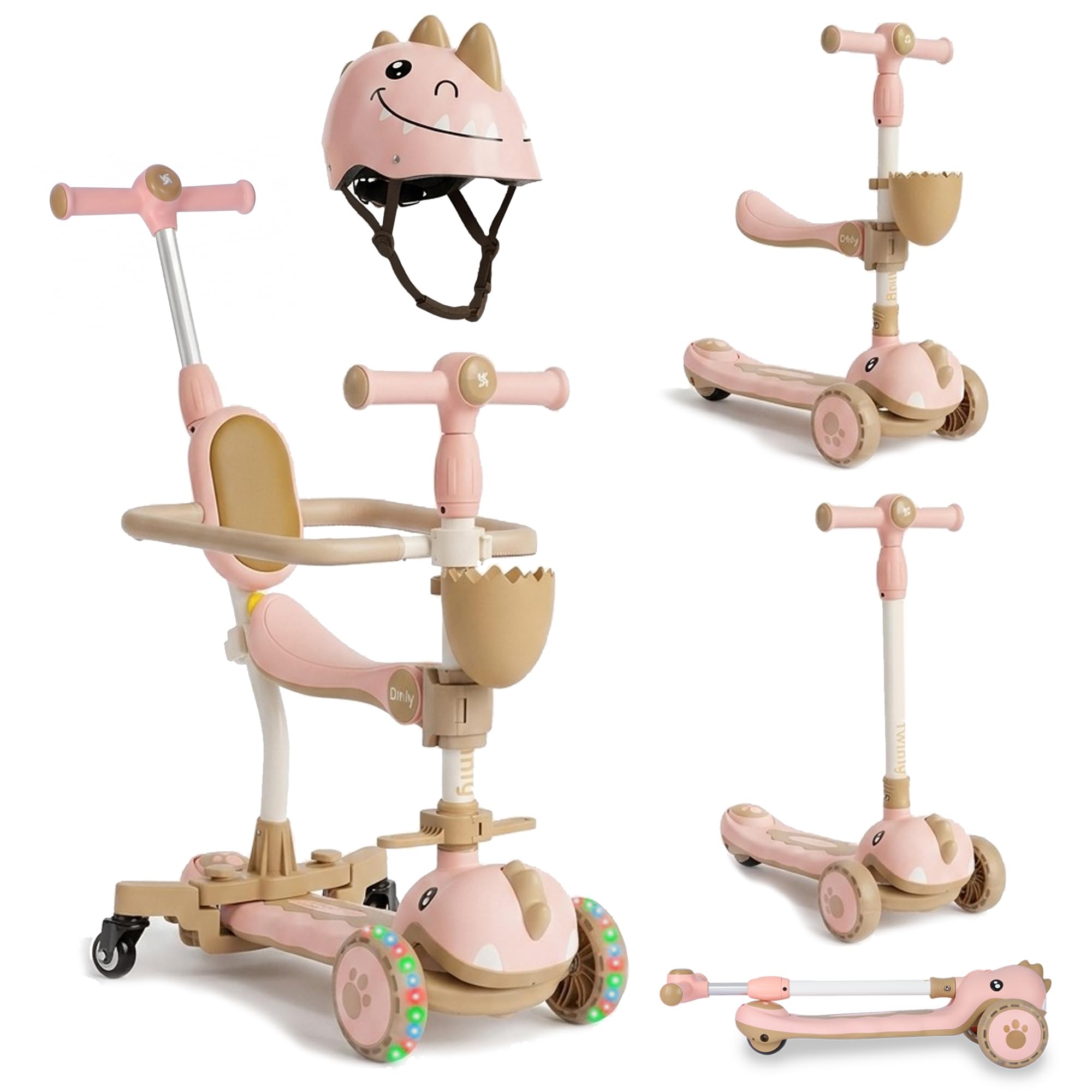 Twinly – 3 in 1 DINLY Evolutionary Scooter with Seat and Adjustable Handlebars | Tricycle, Ride-On and Children's Scooter, Balance Bike, Helmet Included, 1-6 Years, Up to 30 kg (Pink)