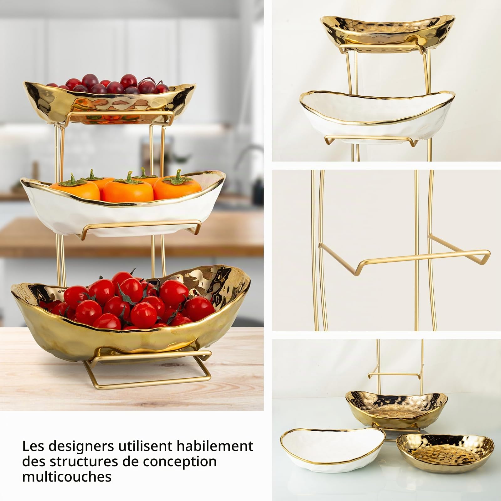 XUDREZ Bols à fruits en céramique à 3 niveaux avec support en métal, corbeille à fruits en céramique pour comptoir de cuisine, plateau de service ovale en céramique pour bonbons, collations, noix,