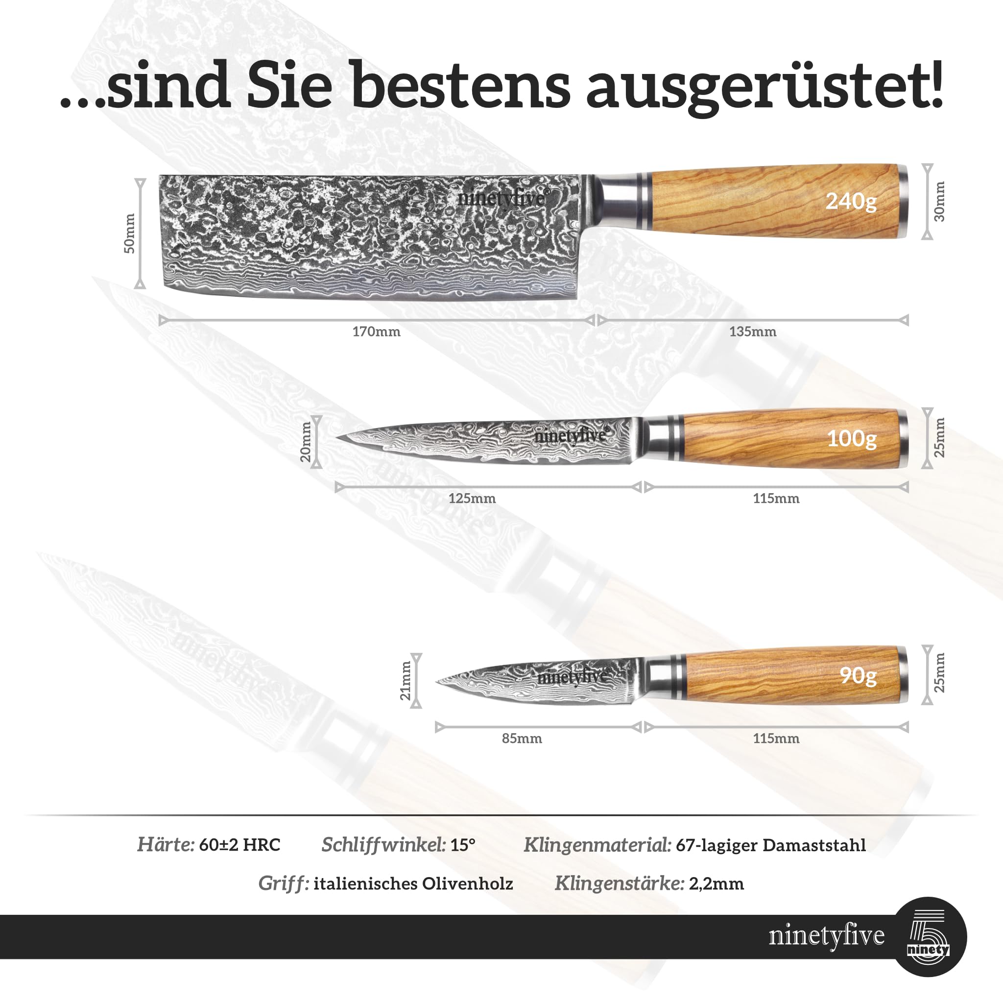 ninetyfive® hochwertiges 6 teiliges Damastmesser Set mit edler Geschenkbox aus Holz | extrem scharfe Küchenmesser mit Echtholzgriff | Küchenmesser Damast | Messerset | Messer damast
