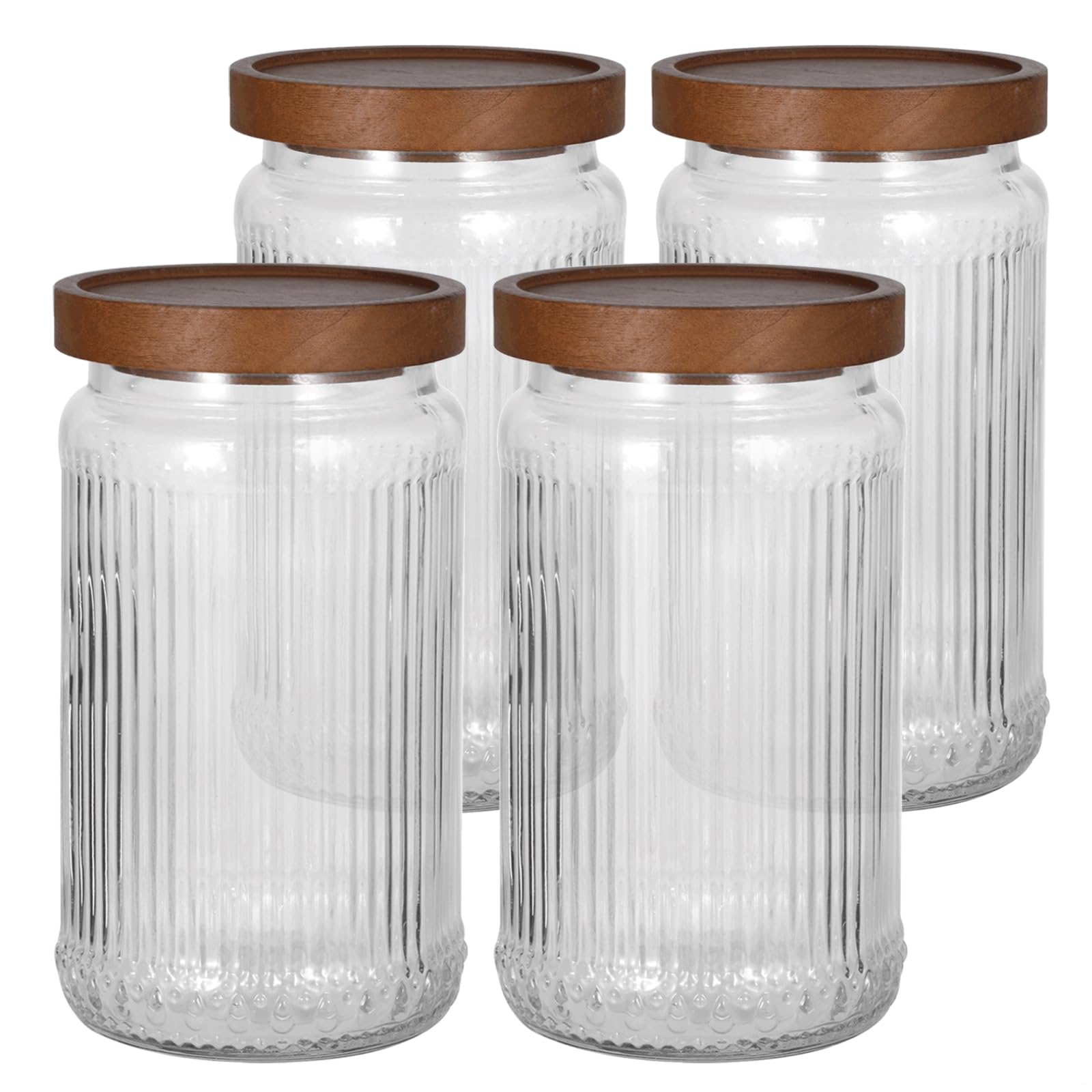 Geriffelte Gläser mit Holzdeckel, 900 ml, 4 Stück, groß, luftdicht, Vintage-Frischhaltedosen für Getreide, Kaffeebohnen, Tee, Zucker,