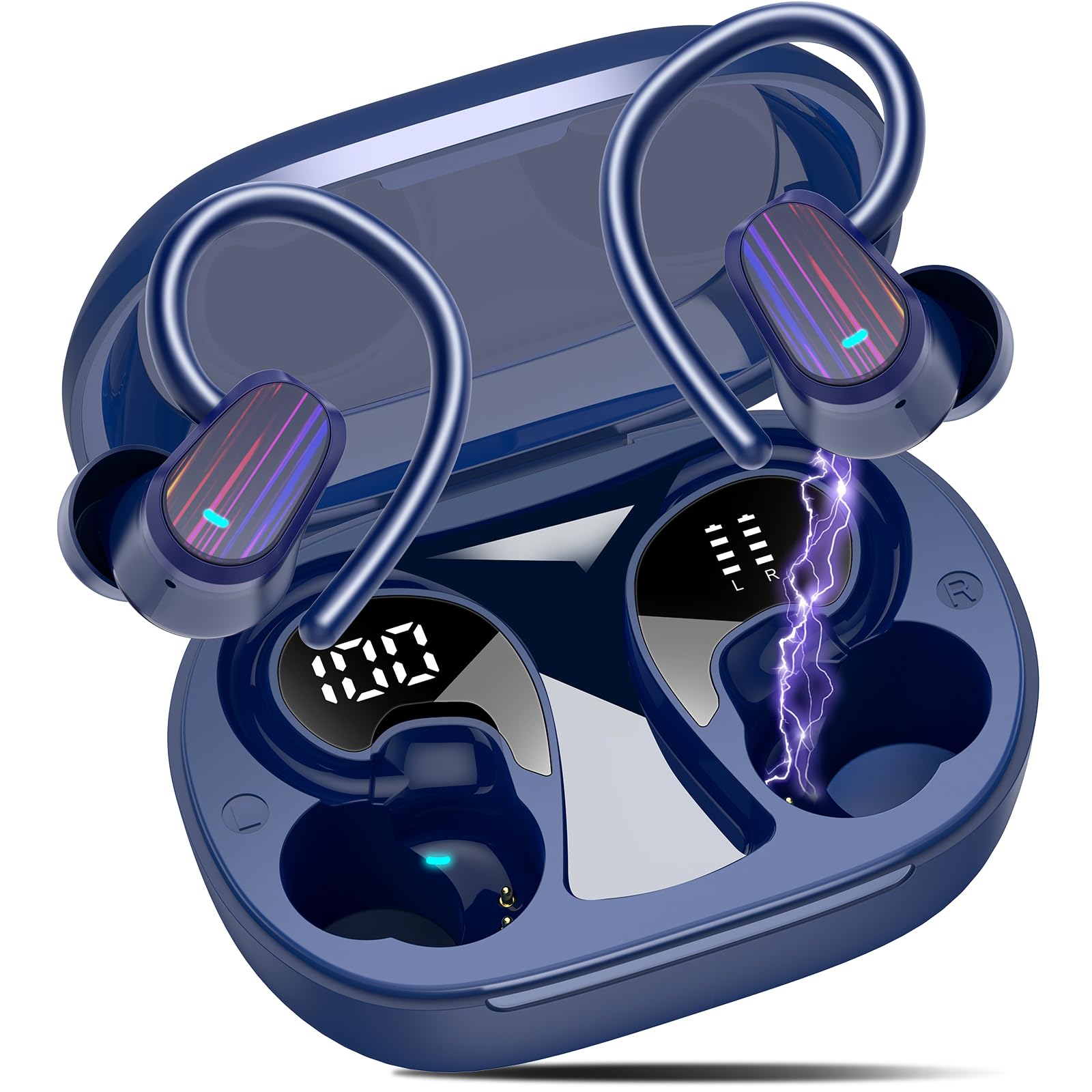 Jesebang S75 Wireless Sport Earbuds in Dark Blue, showing the earbuds and charging case.