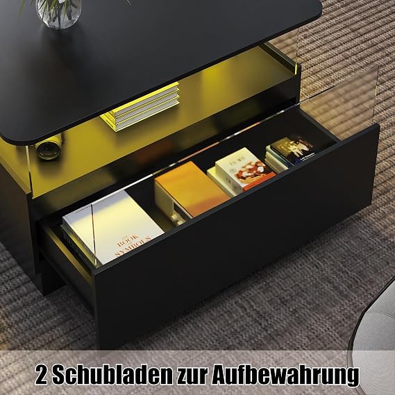 HedoAjim Square Coffee Tables with Storages, Modern Black Center Table