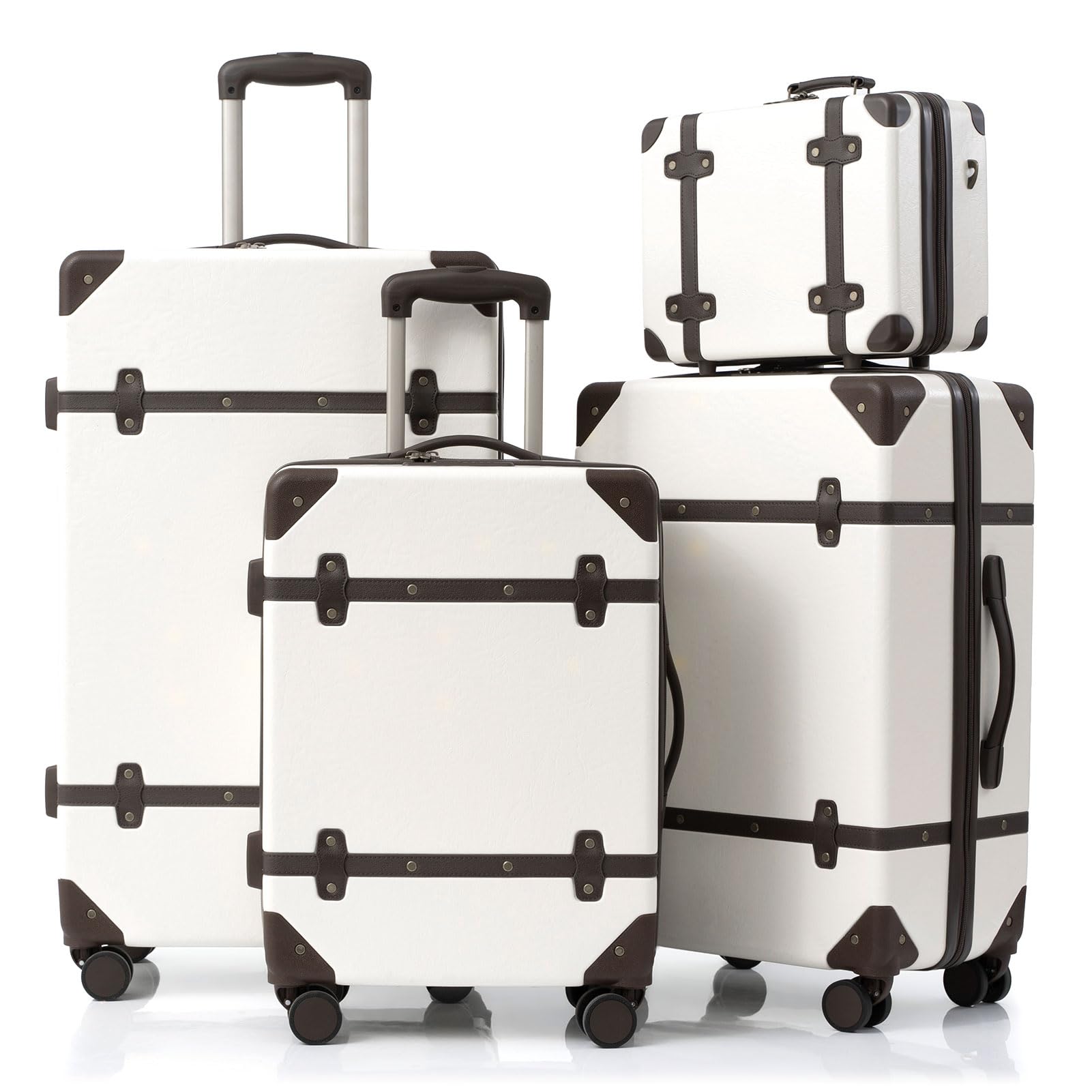 Vintage Trunk Luggage Set with Brown Trim, Lightweight and Durable Hard Shell Suitcase Set with Double Spinner Wheels, TSA Lock, Ivory