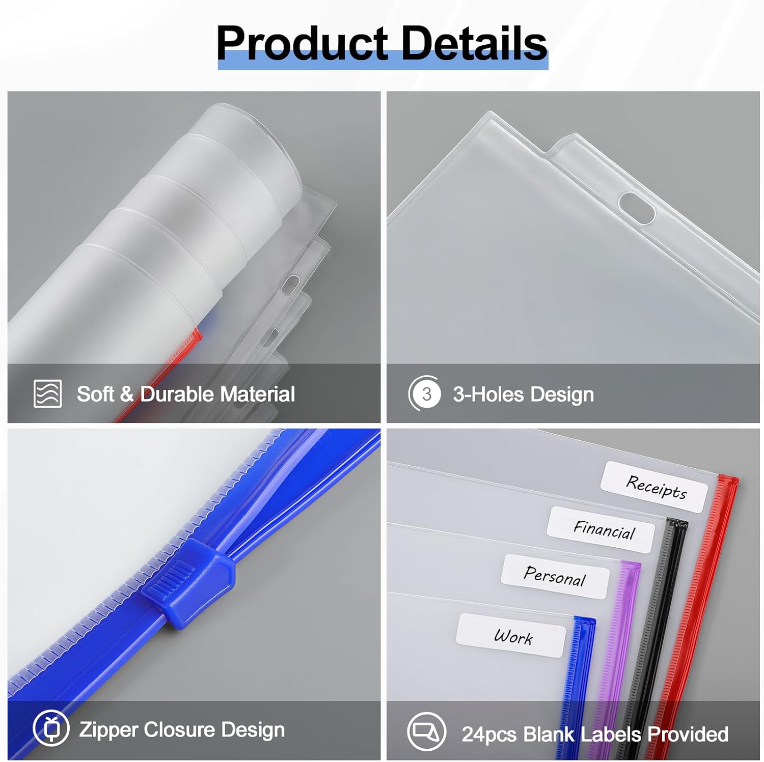 KTRIO Binder Pockets Letter Size 24 Pack 3 Ring Binder Zipper Pouches, Loose Leaf File Folders Zipper Document Organizer, Clear PVC Filing Bags for Business, Office, School (Multicolored Zipper)