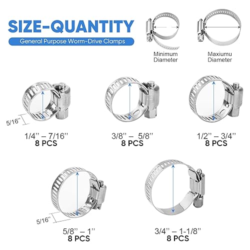 Miniatura 43 de TICONN - Juego de 60 abrazaderas de manguera, abrazaderas de manguera de tornillo sin fin de acero inoxidable 304 de 1/4 a 1-1/2 pulgadas
