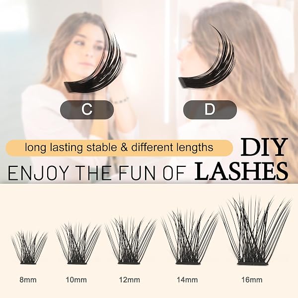 QUEWEL Cluster Lashes 72 Pcs Individual Lashes Wide Stem C/D Curl 8-16mm Length DIY Eyelash Extension False Lashes Individual Natural&Mega Styles Soft for Personal Makeup Use at Home (Mega-D-16) - 5