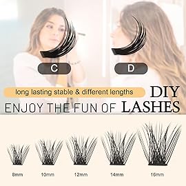 QUEWEL Lash Clusters 72 Pcs Cluster Lashes Wide Stem Eyelash Clusters C/D Curl 8-16mm DIY Eyelash Extensions Mega Style for Self Easy To Use at Home (Mega-D-16)