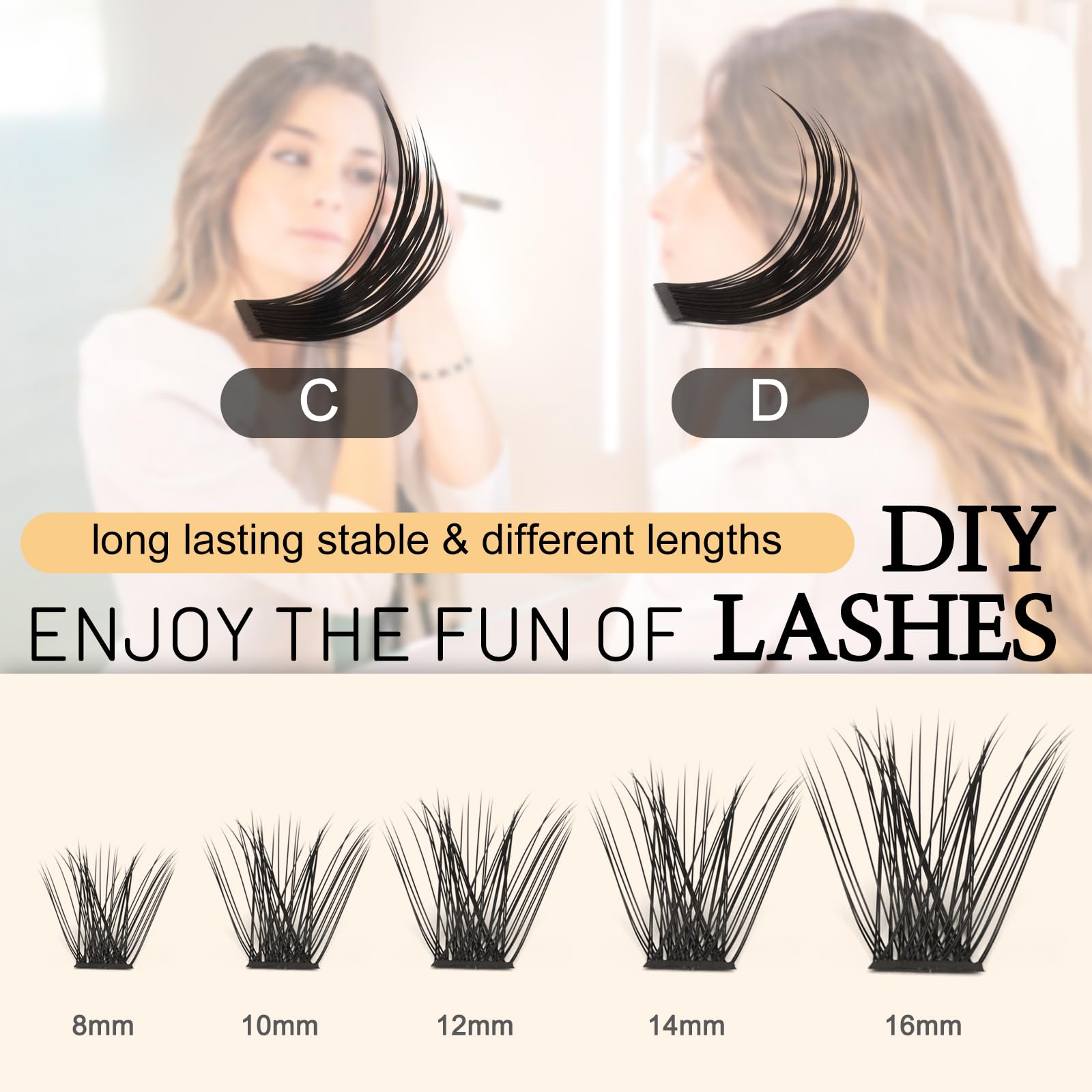 QUEWEL Cluster Lashes 72 Pcs Individual Lashes Wide Stem C/D Curl 8-16mm Length DIY Eyelash Extension False Lashes Individual Natural&Mega Styles Soft for Personal Makeup Use at Home (Mega-D-16) — view 5