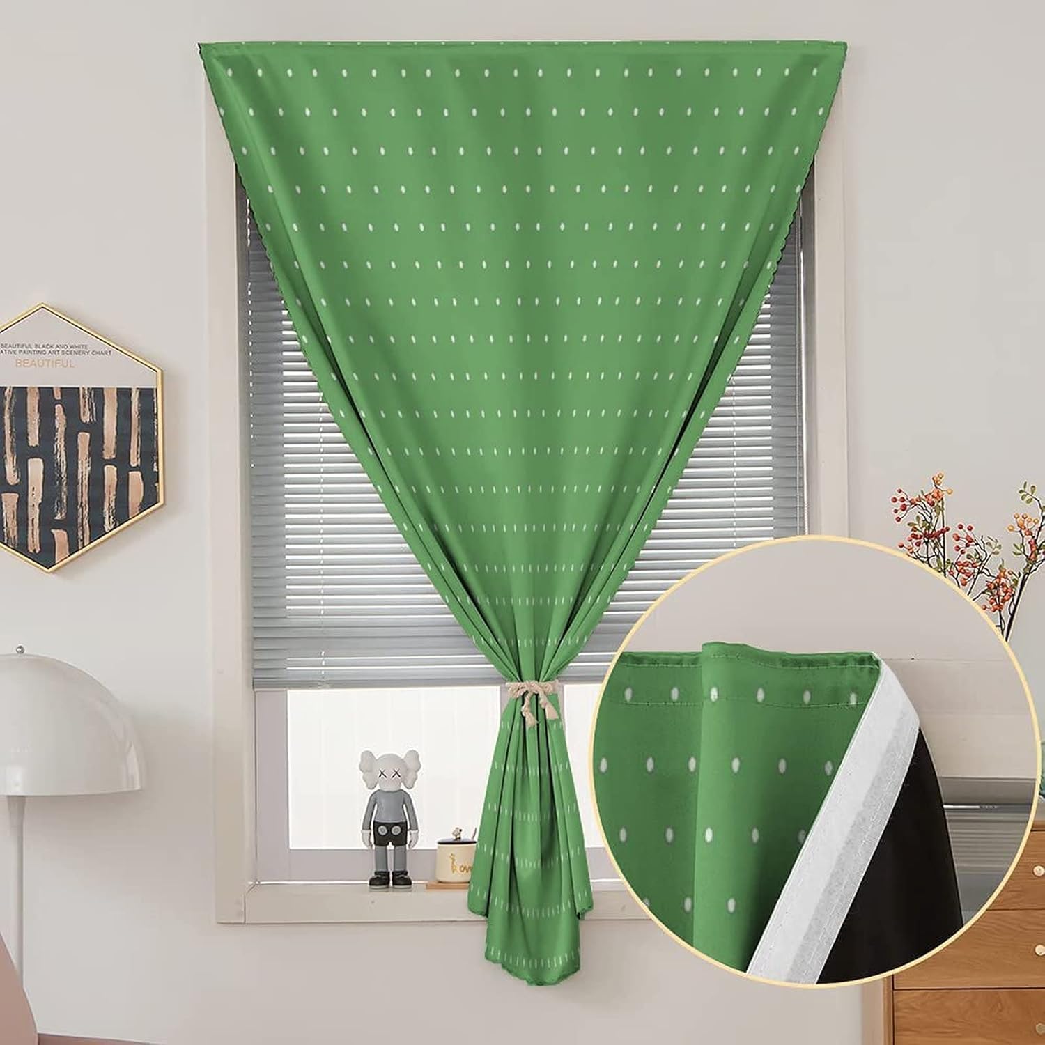 XISUNYA Self Adhesive Portable Blackout Curtains, Green Room Darkening Curtains, 50s 60s Retro Vintage Inspired Simple Little Polka Dots Print Temporary Blackout Blinds,47W x63L Inch