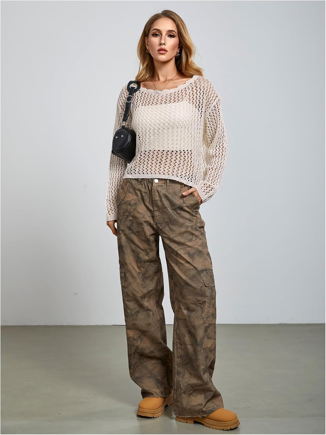 WDIRARA Women's Hollow Out Crochet Sweater Long Sleeve Boat Neck Loose Knitted Tops - Image 6