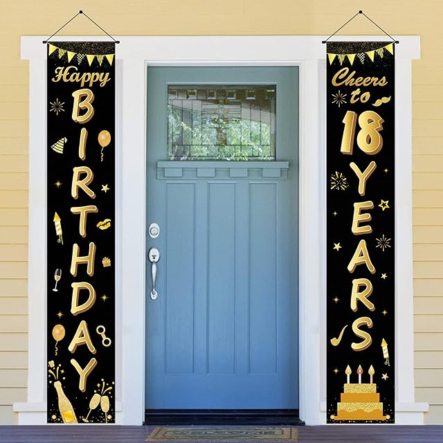 ANVAVA 18th Birthday Door Banners Decorations Black Gold Happy Birthday Party Banner Door Sign Porch Banners, 71 x 12 Inch