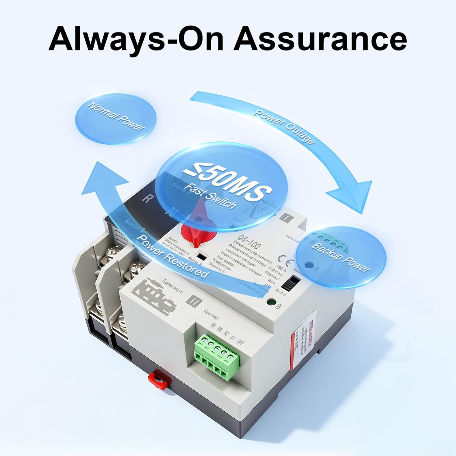 Dual Power Automatic Transfer Switch 2P 100A ATS Dual Power Generator Changeover Switch 110V Mini Electrical Selector Switches