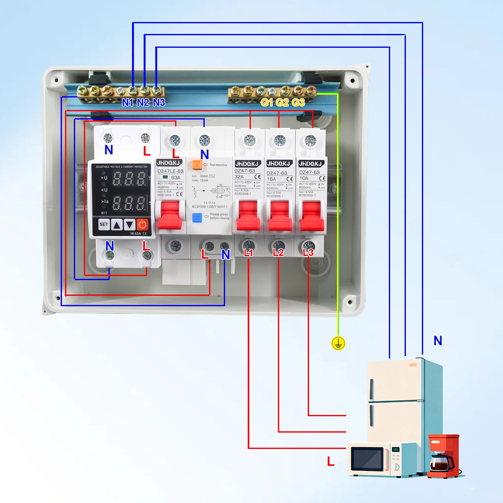 Quadro elettrico a parete, con interruttore differenziale e protezione contro sovratensioni, 32A, 16A, 10A interruttori AC, IP65 distributore di corrente per officina, garage, camper