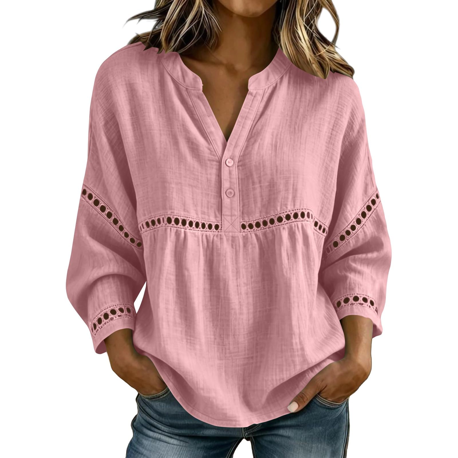 Notch Collar Hollow Lace Insert Cotton Linen 3/4 Sleeve Womens Blouse