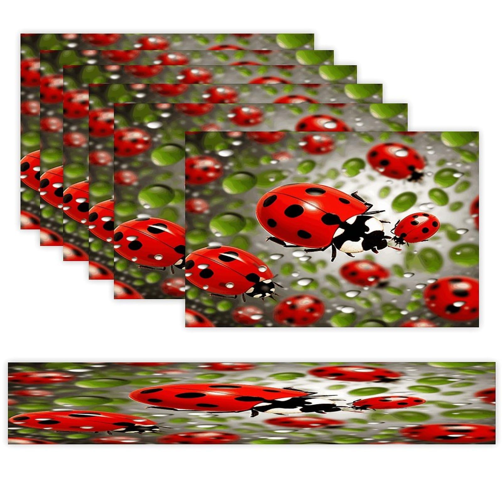 Ladybug Table Runner and Placemats Set of 6 Heat Resistant Washable Table Runners Dining Mat Sets Modern Cloth Place Mats Linen Table Decor for Kitchen Dining Room