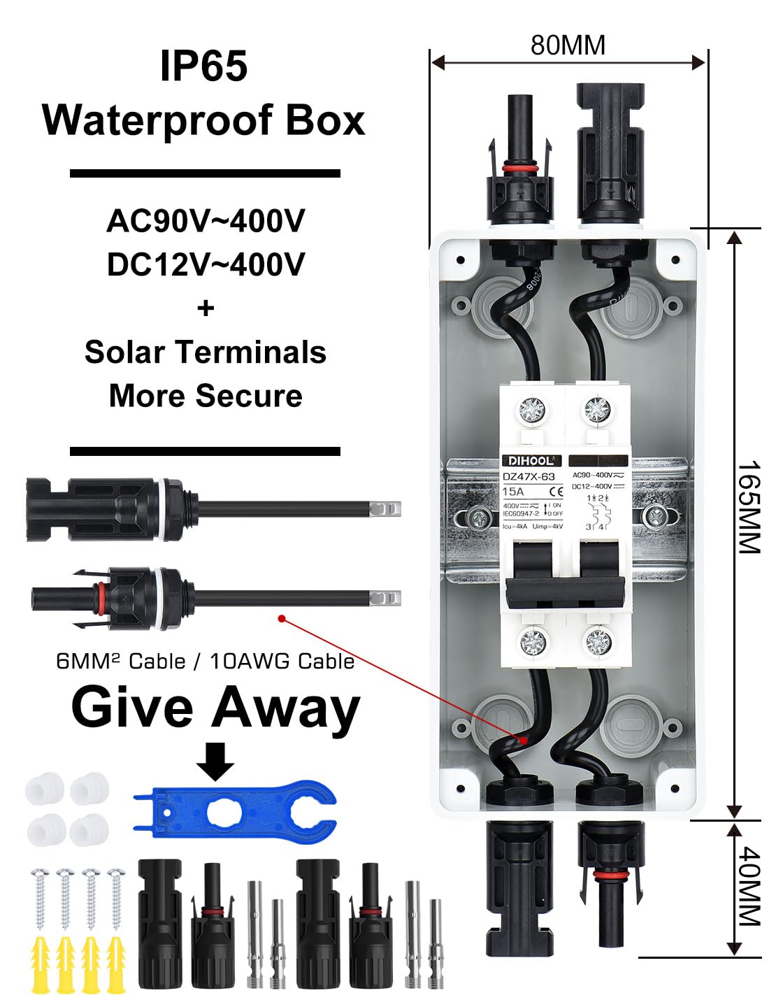 DC Trennschalter PV Anlage Leitungsschutzschalter Sicherungsautomat 2 Polig 15A 12V (12V-400V) Mit Kabel Solarstecker IP65 Wasserdicht Gehäuse