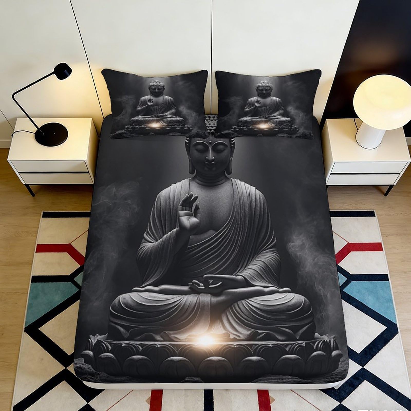 3D Printed Buddha Statue Fitted Sheet Microfiber Soft Breathable Meditation Inspired Mattress Cover for Bedroom Dormitory Guest Room Home Decor 160x200x25cm