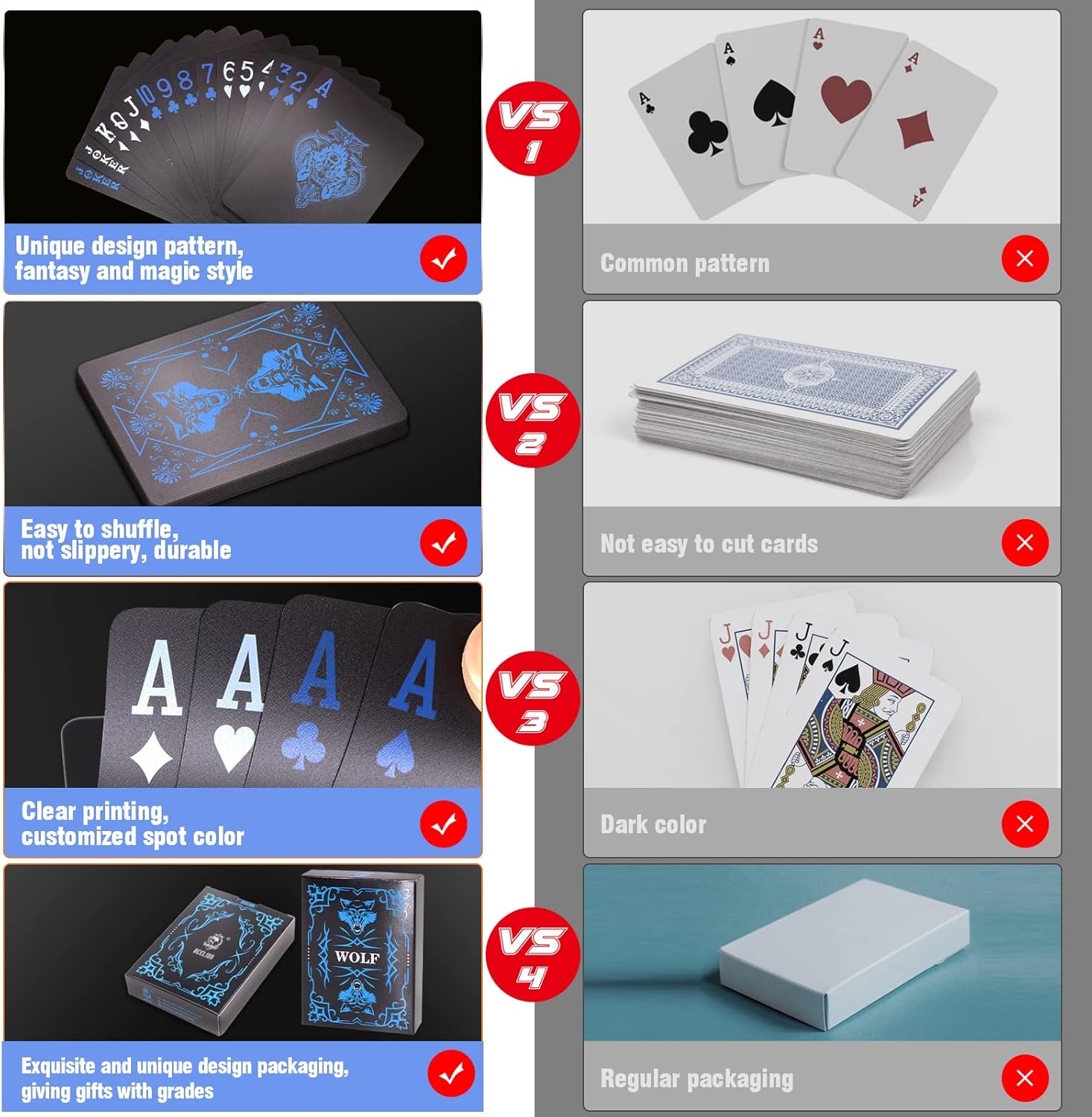 WJPC PVC Waterproof Playing Cards, Cool Black Plastic Poker Cards,Deck of Cards for Game and Party.(Wolf)