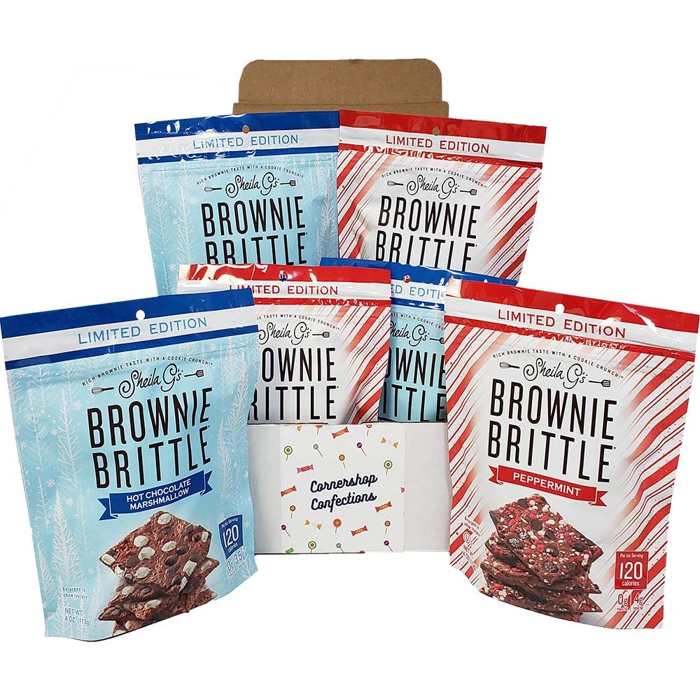 Sheila G's Brownie Brittle 6 Bag Holiday Variety Pack - 3 Each - Hot Chocolate Marshmallow and Peppermint - Protected by Cornershop Confections Box!
