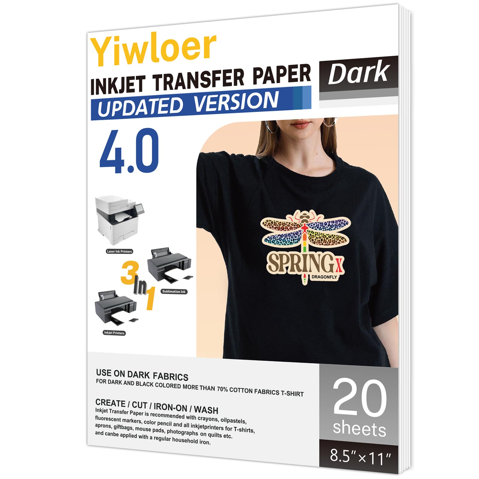 Iron on Heat Transfer Paper for T Shirts (8.5x11'', 20 Sheets) Iron-on Transfers Paper for Light Fabric Printable Heat Transfer Vinyl for Inkjet Printer